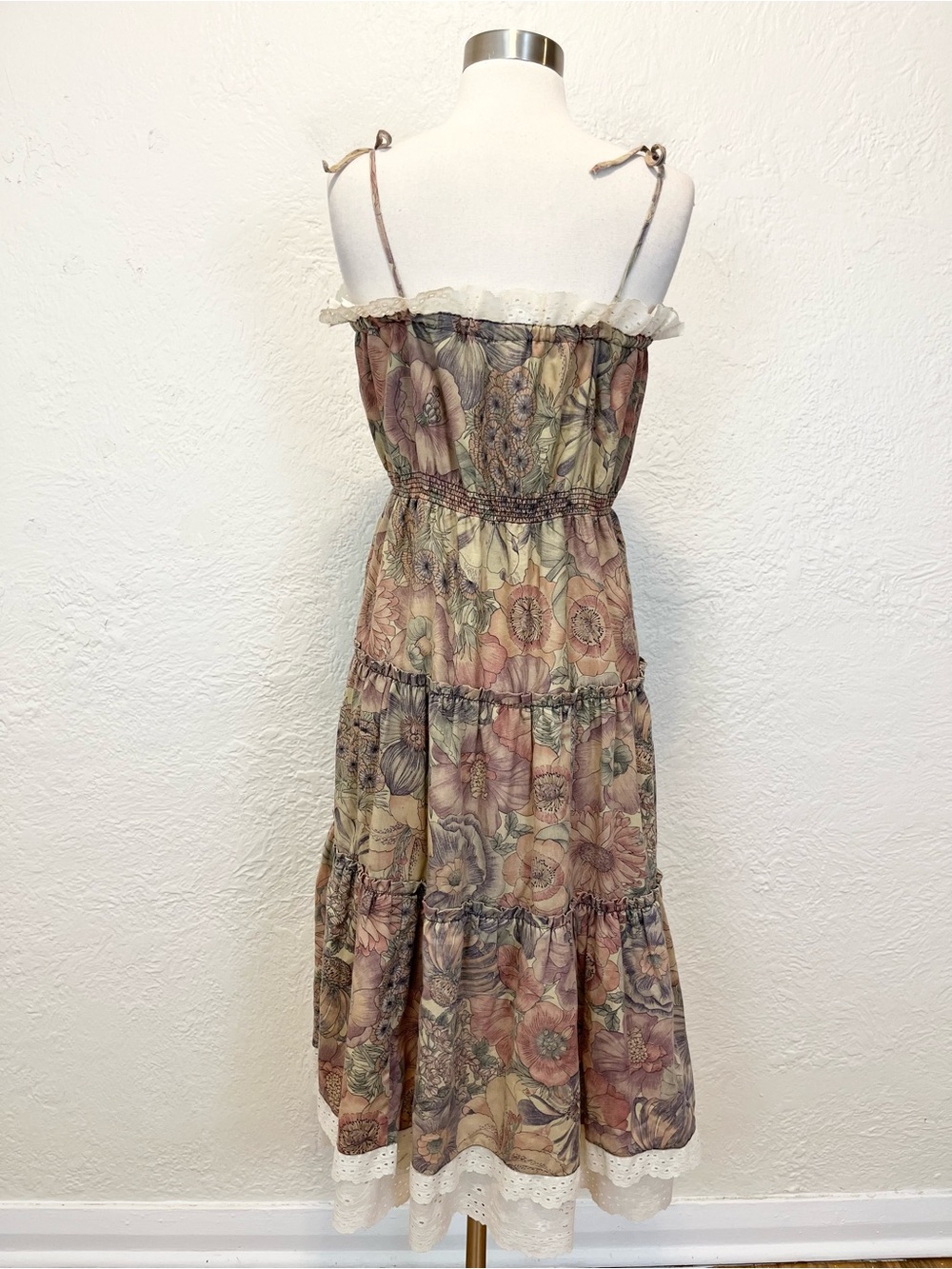 Vintage Dress Midi Floral Cottagecore Farmhouse Boho Prairie Mauve Beige S/M - Picture 7 of 14